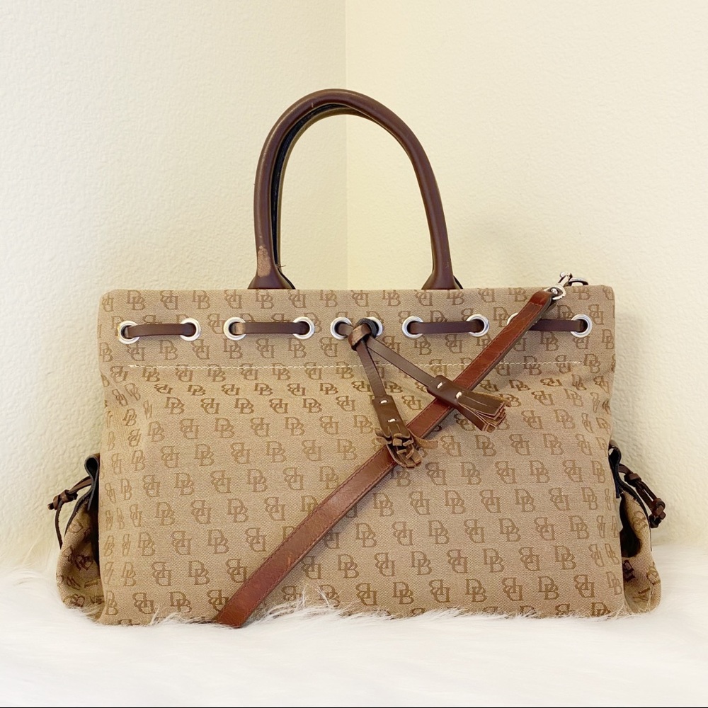 Beige Monogram Tote Bag with Brown Leather Trim